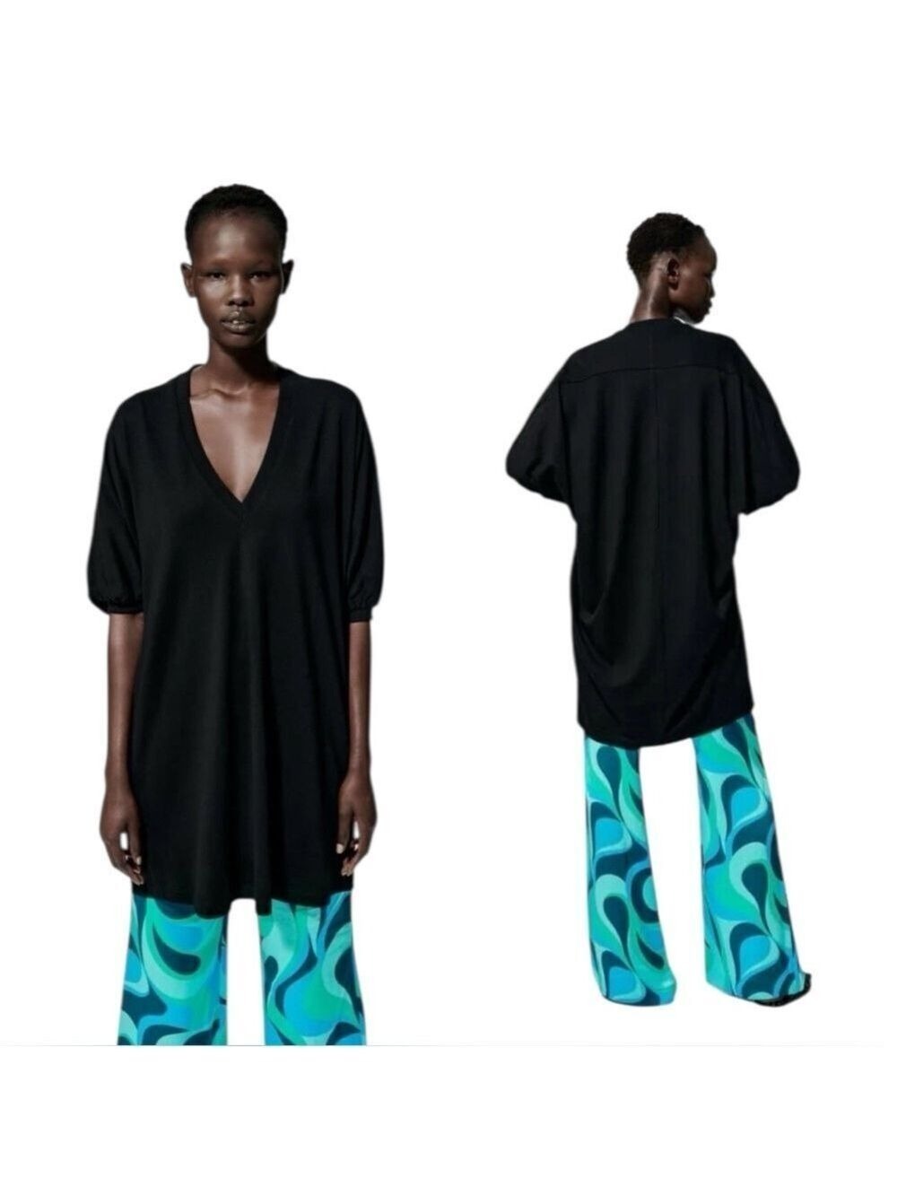 Zara Black Cocoon Dress Oversized V-Neck Batwing Tunic Women’s Size Small